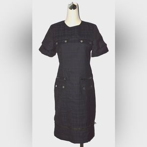 REYES SIZE 4 S SMALL BLACK NAVY BLUE PLAID 100% VIRGIN WOOL DRESS MADE IN USA